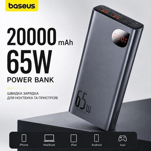 Зовнішній акумулятор Power Bank Baseus 20000mAh 65W для ноутбука зі швидкою зарядкою чорний ws42816 фото