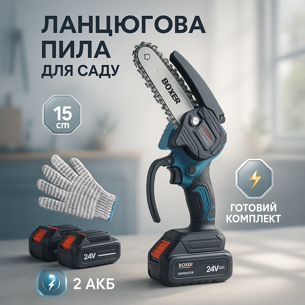 Акумуляторна Ланцюгова Пила Boxer BX-3307 15см 2 АКБ ws47891 фото