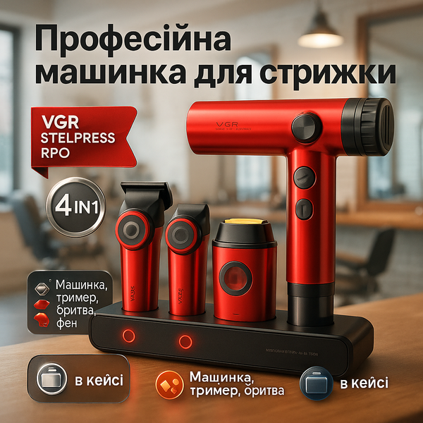 Набір VGR STEPLERSS RPO 4 IN 1 RED, триммер, машинка для стрижки, електробритва, фен ws24934 фото